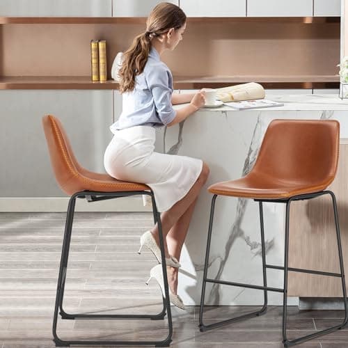 Sweetcrispy Counter Height Bar Stools Set of 2, 26 inch Height Stool Faux Leather Barstools with Back, Armless Kitchen Island Countertop Comfortable Modern Chairs with Metal Legs - Brown 7