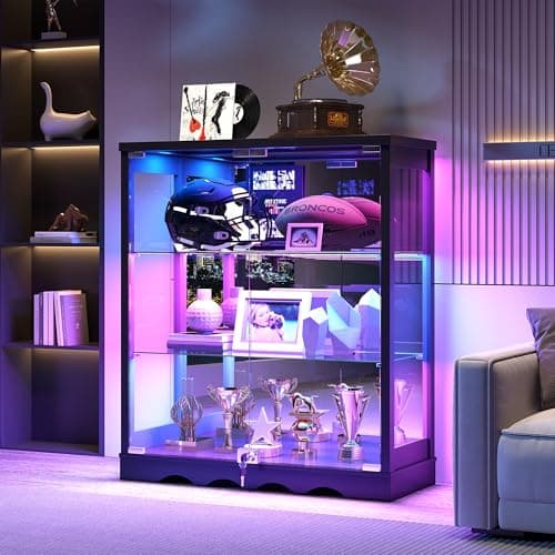 Dystler RGB Display Cabinet with Glass Doors - 39’‘ Tall Curio Cabinet with Lock & Adjustable Shelves, 3-Tier Display Case with Lights, for Collectibles/Figure/Helmet/Football, Black