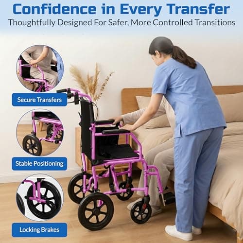 Platinum Health Hummingbird™ Ultra-Lightweight Foldable Transport Wheelchair, Handbrakes,12-Inch Rear Wheels, Extra-Wide Seat. Convenient Table-Length Padded Armrests. (Sunrise Pink) 4