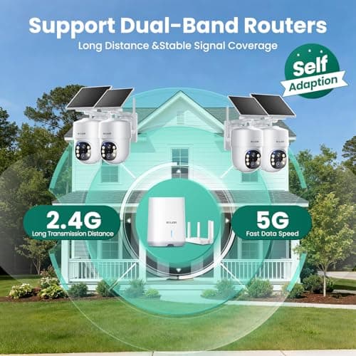 SOLIOM- 5MP Security Cameras Wireless Outdoor, No Subscription & Solar Powered,4-Cam Pack Cameras for Home Security with 360° Auto Motion Tracking, 3K Color Night Vision,5G & 2.4G Router Compatible 8