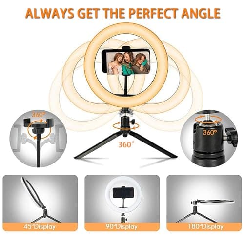 10" Desk Ring Light with Tripod Stand, 3 Light Modes & 11 Brightness Level, Adjustable Selfie Phone Halo Light with Cell Phone Holder for Video Recording, Makeup, Computer Laptop Zoom Meeting 5