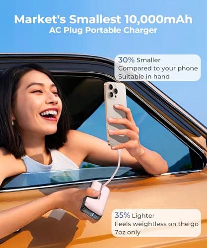 JOYFAR Portable Charger with Built-in USB-C Cable & Plug, 10,000mAh 5V/4.5A Power Bank Fast Charging 22.5W, Travel Essential Battery Pack 3 Output for iPhone 16/15 Series, Samsung Galaxy, iPad, 1 Pack 5