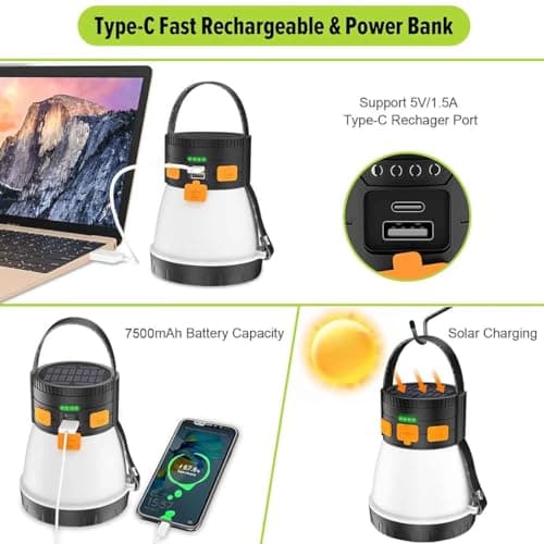 LED Camping Lantern, 1500 Lumens Camping Lantern Rechargeable with Solar Panel Charging, Waterproof, 8 Light Modes, 7500mAh Power Bank, Camping Flashlight for Hurricane Emergency, Hiking, Outdoor 5