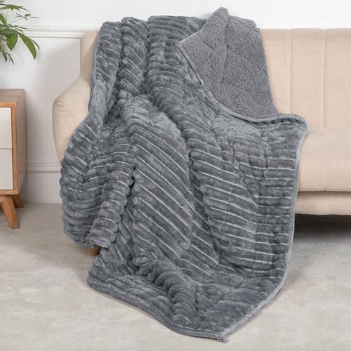 UINIU Sherpa Fleece Weighted Blanket with 3D Ribbed Stripes, 15 lbs Soft Flannel Heavy Throw Blanket for Couch Bed Sofa, Heavy Thick Blankets with Glass Beads, Great for Sleep, 48" x 72" 6