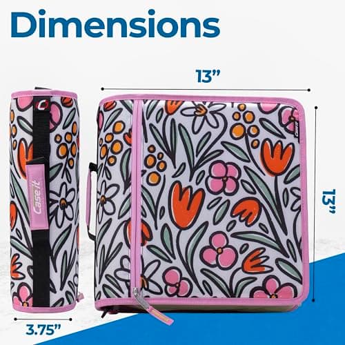 Case-it Mighty Zip Tab School Zipper Binder | 3-Inch O-Rings, 600-Sheet Capacity, 5-Subject Expanding File Folder, Multiple Pockets & Storage Organizer, Shoulder Strap | D-146 Fun Flowers 5