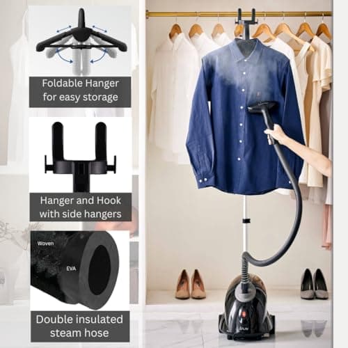 SALAV GS18-DJ Standing Garment Steamer with Roll Wheels for Easy Movement, 1.8L Water Tank for 1 Hour Continuous Steaming, Adjustable Pole for Storage, Includes Descaler Packet, 1500 watts 5