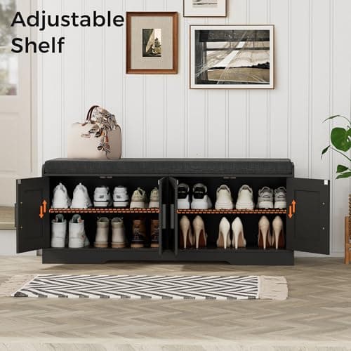 Homleke 2-Tier Storage Bench, Shoe Bench with Thickened Padded Seat Cushion, Entryway Bench with 4 Doors, Adjustable Shelf, 13.8" D x 45.3" W x 18.5" H, for Entryway, Living Room, Bedroom, Black 6