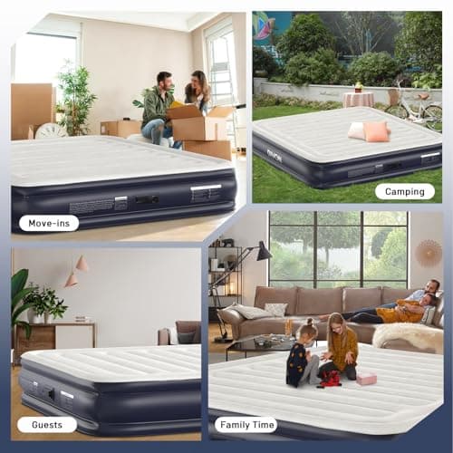 King Air Mattress With Built In Pump,Blow Up Mattress 2 Mins Self-Inflation/Deflation,Upgraded Thicker Inflatable Mattress，Flocked Top Air Bed with Storage Bag for Guests,Home，Camping，750 lbs Max 7