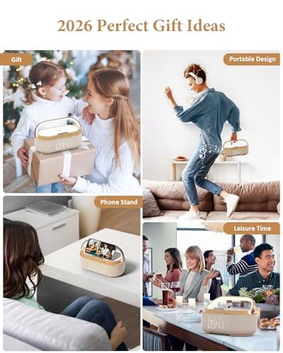 COLSUR Bluetooth Speaker Alarm Clock with Wireless Charger, FM Radio, Adjustable LED Night Light, 6 in 1 Bedroom Portable Speaker 2500mAh, Phone Stand for Bedside, Home, Office, Gift (Wood) 8