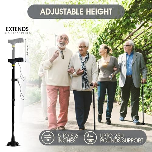 Humobi Walking Cane for Women & Men, Folding Cane with 5 - Level Height Adjustable, Portable, Collapsible, Lightweight Canes for Women for Stability, Incl. Extra Wide Pivot Tip for Stability [Black] 5