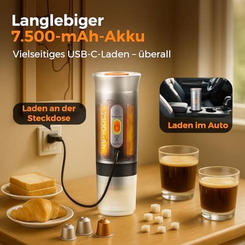 Portable Espresso Machine, 3-in-1 Travel Coffee Maker with Self-Heating, Battery Operated 20Bar Wireless Portable Espresso Maker Compatible with Ground Coffee & Capsule for Camping, Car, Office 6