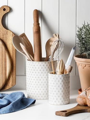 LE TAUCI Utensil Holder for Kitchen Counter - 7.1" Large Ceramic Kitchen Utensil Holder, Embossed Cooking Utensil Crock for Spatula, Spoon - Farmhouse Kitchen Decor & Organizer, White, Clover 7