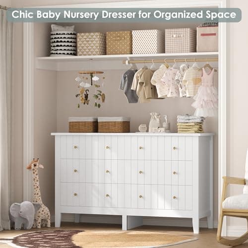 FOTOSOK White Dresser, Chest of Drawers, Modern 6 Drawer Double Dressers with Deep Drawers, Nursery Dresser for Baby, Wide Storage Organizer Cabinet for Living Room, Hallway,White 8