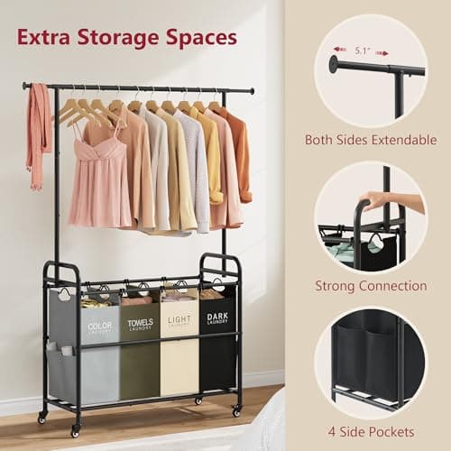 Tajsoon Laundry Sorter Cart with Hanging Clothes Rack, 4 Butler Sorter Basket Organizer, Laundry Hamper Cart with Heavy Duty Rolling Lockable Wheels, 4 Colors 5