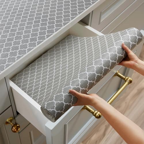 Shinlendid Shelf and Drawer Liner for Kitchen Cabinets Non-Adhesive, Strong Grip Non-Slip Thickened Cabinet Liners for Shelves, Waterproof Mats for Dresser Cupboard, Gray, 12 in x 10 Feet