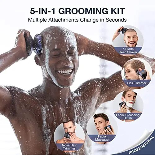 Head Shaver 7D, Wyklaus Upgrade Head Shavers for Bald Men, Head Electric Razor with Nose Hair Trimmer, IPX6 Waterproof Wet/Dry Mens Grooming Kit, Anti-Pinch, LED Display, USB Rechargeable 7