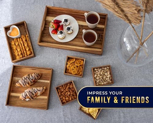 7-Piece Acacia Wood Tray Set, Varied Sizes – Elegant Serving Collection for Parties & Entertainment - Platters, Snacks, Nuts, Patio, Ottoman, Dinner or Coffee Table or Personal Organization 7