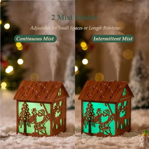 Mini Christmas Humidifier, 240ml Cool Mist Wooden House Humidifier with Santa Silhouette, 7-Color LED Lights, USB Powered, Quiet & Auto Shut-Off for Bedroom Home Office (Light Wood) 5