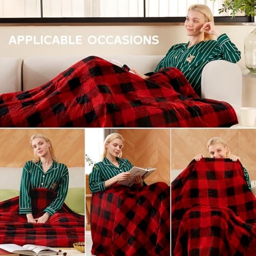Electric Heated Sherpa Buffalo Plaid Christmas Throw Blanket with 8 Heating Levels & 8 Hours Auto Off, Fast Heating Warm Plush Washable Blanket with Over-Heat Protection, ETL Certification, Red 6