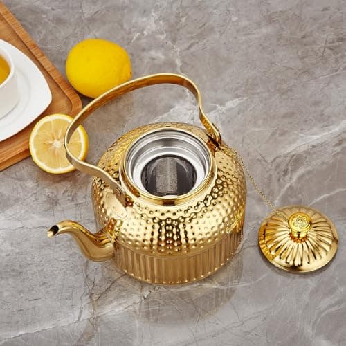 SANQIAHOME Antique 1.2L (40Oz) Stainless Steel Teapot with Infuser Gold 7