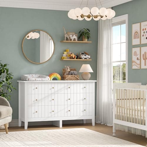 FOTOSOK White Dresser, Chest of Drawers, Modern 6 Drawer Double Dressers with Deep Drawers, Nursery Dresser for Baby, Wide Storage Organizer Cabinet for Living Room, Hallway,White 6
