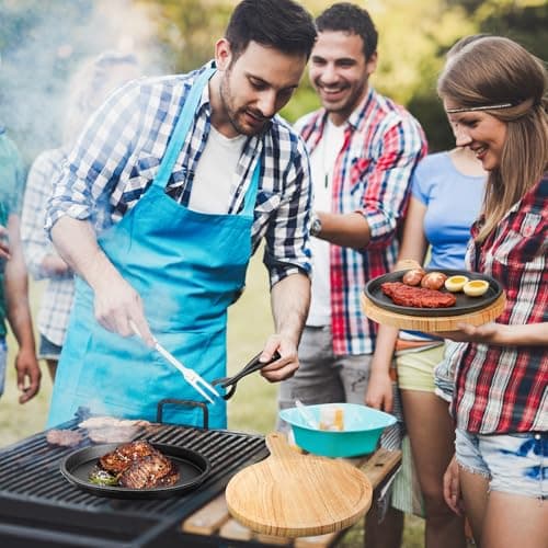 Mimorou 2 Sets Cast Iron Fajita Plate Set 9.45'' Fajita Plate Pan with Wooden Tray Anti Scald Protection Handle Cast Iron Skillet Set for Restaurant Home BBQ Party Restaurant 7