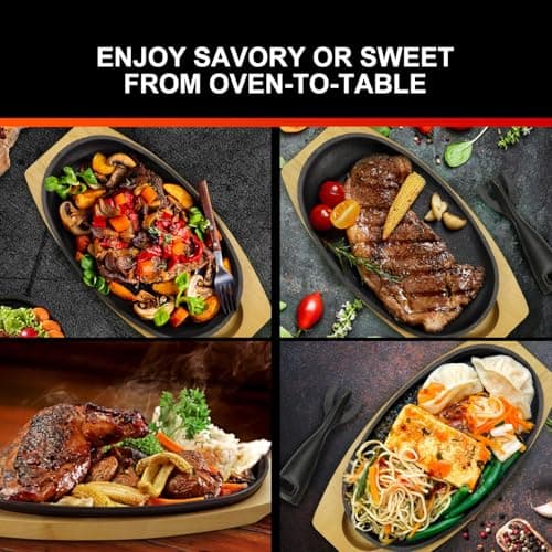 DVK 2 Set Cast Iron Skillet Sizzling Plate With Wooden Base Fajita Skillet With Removable Handle For Home Barbeque Kitchen Service 6