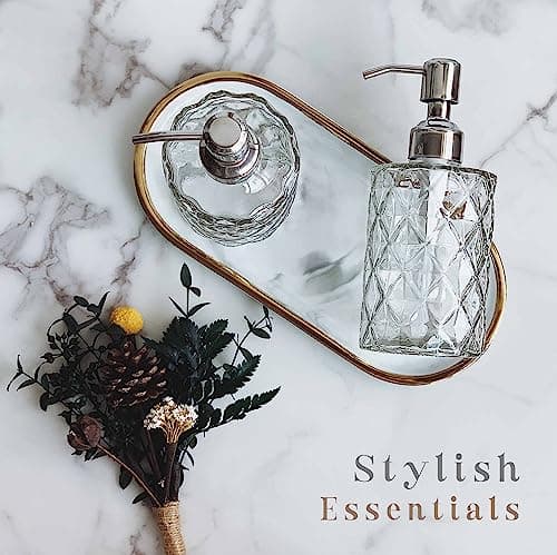 JASAI 2Pack Diamond Embossed Glass Soap Dispenser with 304 Rustproof Stainless Steel Pump, 12 OZ Bathroom soap Dispenser with A Wooden Tag, Elegant Hand Soap Dispenser for Bathroom & Kitchen 5