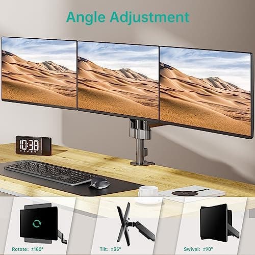WALI Triple Monitor Mount for 13-27 inch Screens, Adjustable 3 Monitors Desk Mount with Swivel, Tilt, Clamp & Grommet Kit, Gas Spring Arm Triple Monitor Stand, VESA 75x75/100x100mm (GSDM003), Black 5