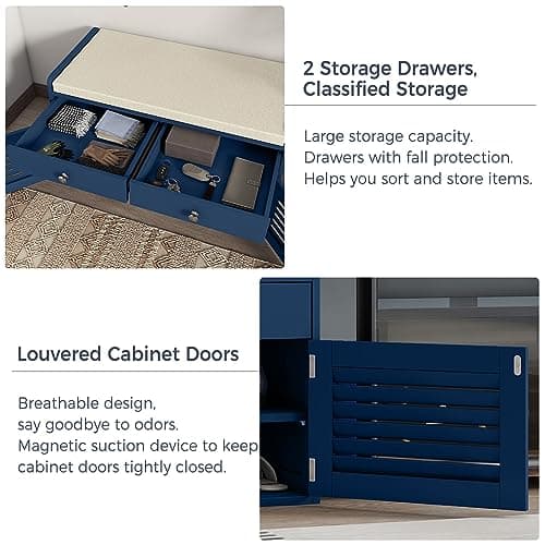 WARMHONIU Shoe Storage Bench with Cushion, Shoe Rack Bench with Doors, Adjustable Shelf, 2-Tier Shoe Cabinet Bench for Entryway, Bedroom, Hallway, Blue 5
