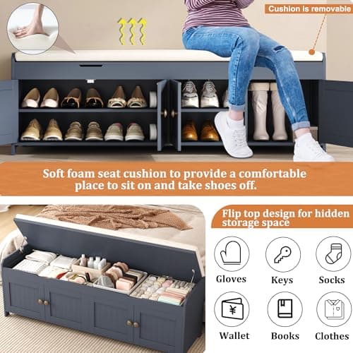 HOMEFORT 54.4" Shoe Bench with Lift Top Storage, Entryway Bench with Cushioned Seat, Wooden End of Bed Bench, Shoe Cabinet Bench with Hidden Storage Space, for Bedroom, Hallway,Blue 4