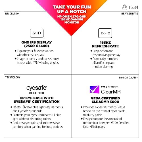 HP OMEN 27q QHD 165Hz Gaming Monitor, QHD Display (2560 x 1440), IPS Panel, 99% sRGB, 95% DCI-P3, 16:9, AMD FreeSync Premium Technology, 27q (2023) 2