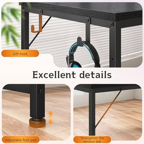 DurayLoly 56 Inch Gaming Desk with Drawers and Shelf,Reversible Computer Desk with LED Lights and Power Outlets,Study Table with Hooks for Headphone,Bags,Black Desk Work Desk for Bedroom,Dorm 8