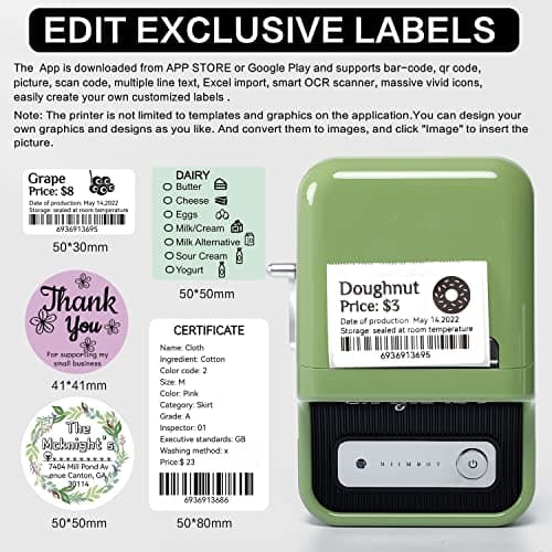LMASBLTER B21 Label Maker - Portable Bluetooth Thermal Label Maker Printer for Clothing, Jewelry, Retail, Mailing, Barcode, Compatible with Android & iOS System, with 1pack 50×30mm Label, Green 5