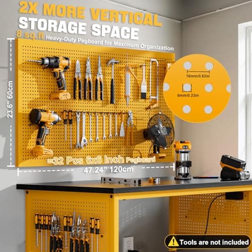 Work Bench, Ferreteriai 47" Heavy Duty Workbench with Power Outlet & USB-C, Exclusive Yellow Side Battery Holder, Adjustable Height, 2100LB Capacity, Locking Wheels for Garage Workshop 8