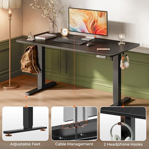 Huuger 55 x 28 Large Electric Standing Desk, Height Adjustable Computer Desk, 27.6" Deep Desktop, Stand up Gaming Office Table with 2 Hooks, 3 Preset Heights, for Home Office, Black 7