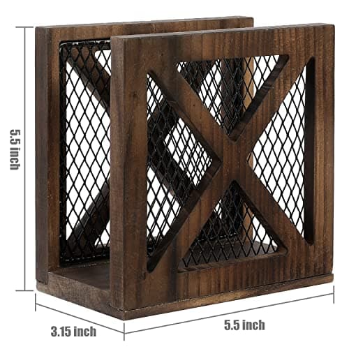 FARM IN Rustic Napkin Holder, Farmhouse Style Solid Burnt Wood and Diamond Metal Wire Mesh Design, Barn Door “X-Cross” Design, for Home and Commercial Use 6