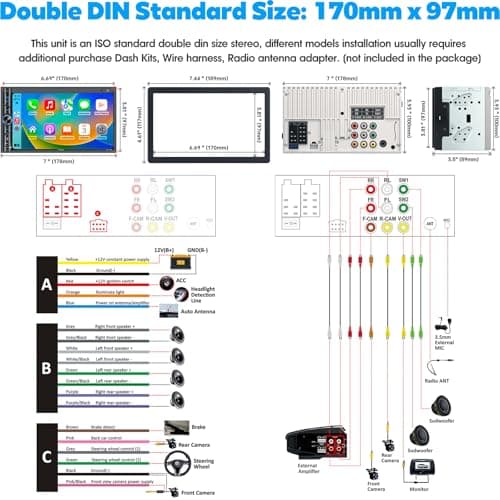 Upgrade Wireless Double Din Car Stereo with Carplay, Android Auto, Bluetooth, 4-Channel RCA, High Power, 2 Subwoofer Ports, 7" HD Capacitive Touchscreen Car Radio, Backup Camera, Audio Receiver 6