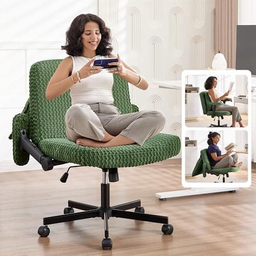 Fizzin Criss Cross Chair,Cross Legged Chair with Wheels and Arms,27" Extra Wide Seat Office Desk Chair with Flipable Back Cushion,Mid Back Beige Swivel Chair for Home Office,Bedroom Vanity(Green)