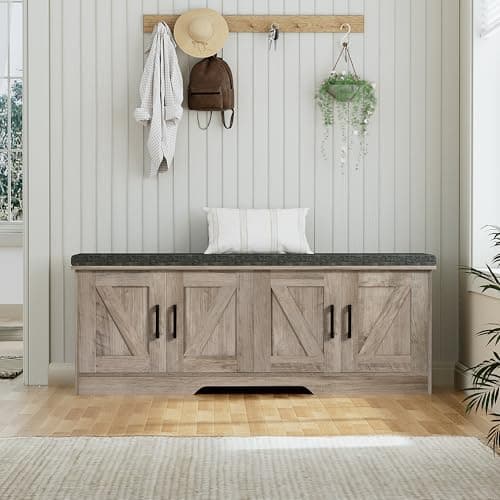 HOMSHO 2-Tier Storage Bench, 47.2" Wide Shoe Bench with Padded Seat Cushion, Entryway Bench with 4 Barn Doors and Adjustable Shelf, Greige 5