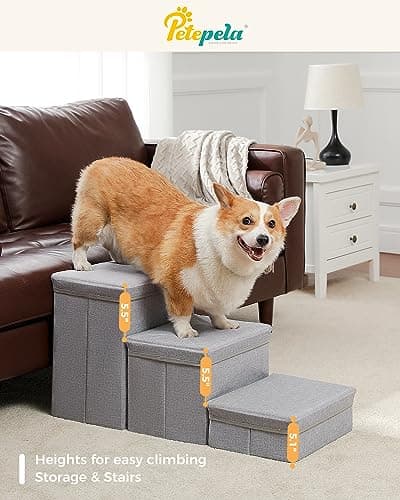 PETEPELA Dog Steps for High Bed, Dog Stairs for Small Dog 3 Steps, Foldable Pet Stairs with Storage for Large Dogs Hold up to 50 LBS, Light Grey (AM11-3-AMT0229GY) 7