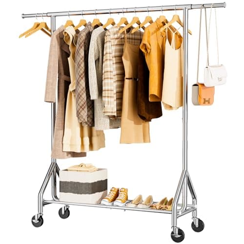 HYSEYY Heavy Duty Clothes Rack Load 450 LBS, Metal Garment Rack, Standing Rolling Clothing Rack for Hanging Clothes with Sturdy Wheels & Shelves, Portable Closet Wardrobe Rack,Sliver 9