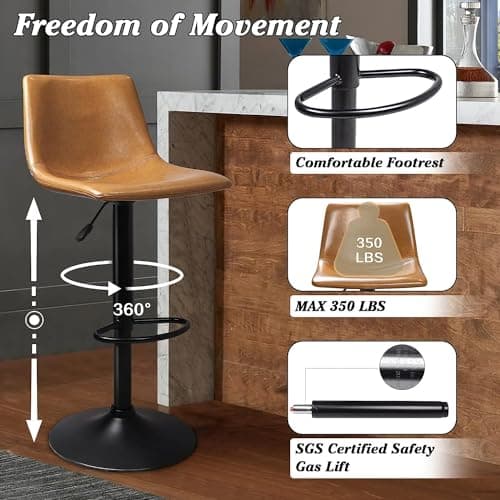 Waleaf Adjustable Swivel Bar Stools Set of 4, Counter Height Bar Stools with Back, 350 LBS PU Leather Bar Stool for Kitchen Island,Upholstered Pub Stools with Footrest, Armless Dining Chairs for Bar 3
