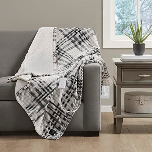 Beautyrest Plush to Sherpa Reversible Electric Blanket, Built-in Soft Button Controller, Auto Shut Off, Multi Heat Setting, UL Certified, Machine Washable Heated Throw, 50x60 Grey Plaid
