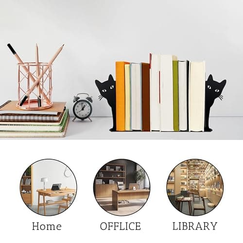 Peeping Cat Metal Bookends Cute Cat Book Ends for Shelves Bookshelf Decorative Objects Home Office Desk Bookshelf Decor Cat Lover Gifts for Women (Black) 6