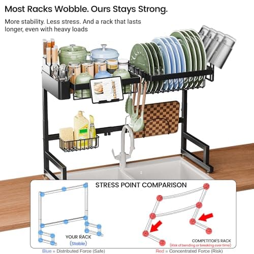 ADBIU Over The Sink Dish Drying Rack (Expandable Height and Length) Snap-On Design 2 Tier Large Dish Rack 5