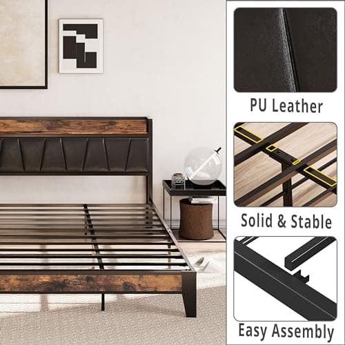 LIKIMIO King Bed Frame, Storage Headboard with Charging Station, Solid and Stable, Noise Free, No Box Spring Needed, Easy Assembly (Vintage and Black) 6