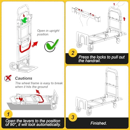 3-in-1 Aluminum Hand Truck Dolly, 600 lbs Heavy Duty Folding Trolley with Universal Wheels, Convertible Hand Truck with Tie Down Straps for Warehouse, Supermarket, Office (Black) 9