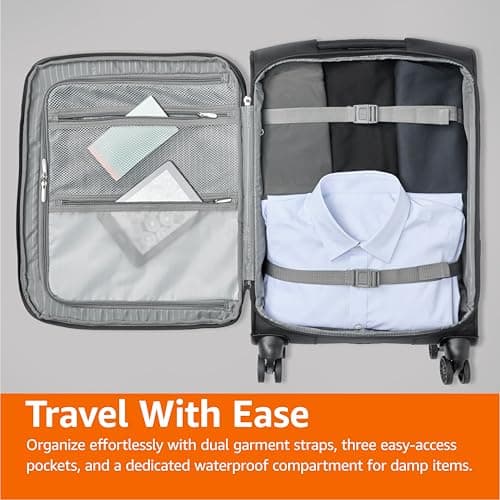 Amazon Basics 17" Carry-On Softside Luggage Suitcase with TSA Lock, 8 Spinner Wheels, Front Exterior Pocket, 3 Interior Pockets, Sturdy Telescoping Handle, Black 8