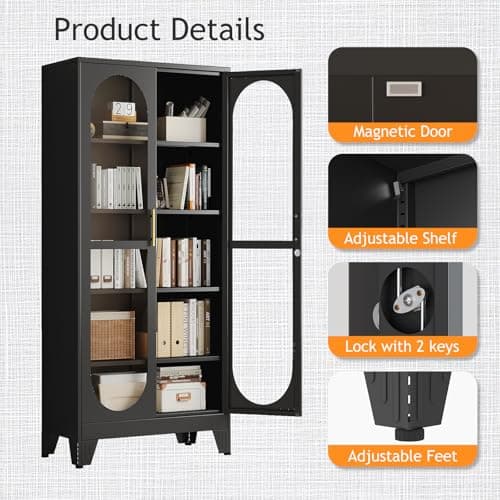 PAOFIN 71" H Locking Display Cabinet with Glass Door, Metal Curio Cabinets with 4 Adjustable Shelves, Tall Liquor Cabinet Display Case for Living Room, Collectibles, Home - Assembly Required Black 5